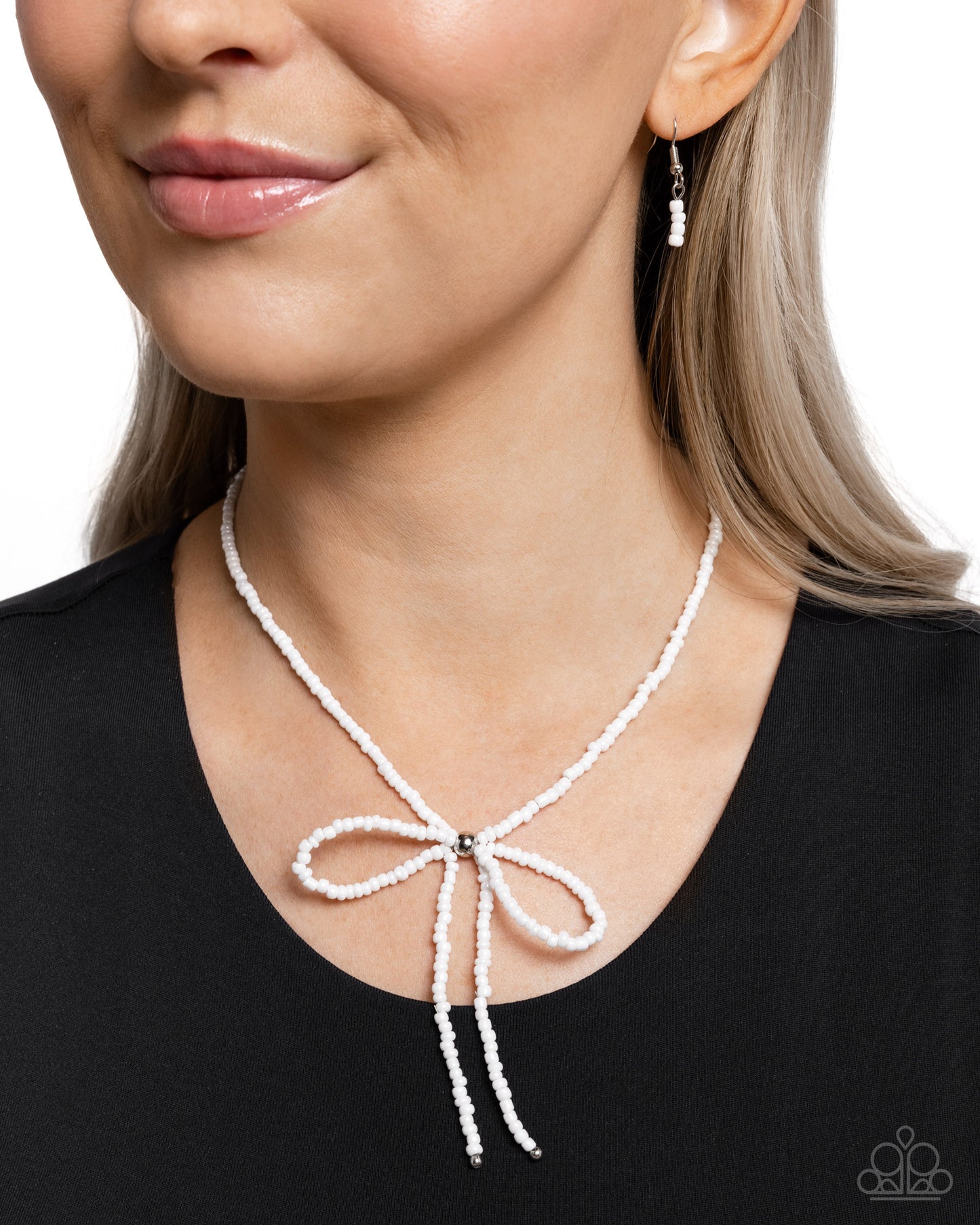 High-Class Hype - White Pearlized Seed Bead Bow/Necklace Paparazzi Necklace & matching earrings