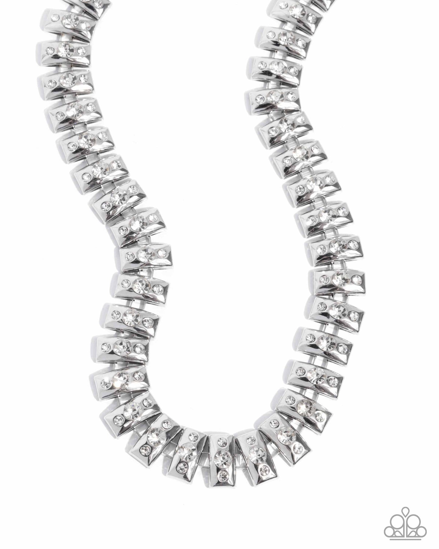 Officially Opulent - White Rhinestones/Curved Silver Plates Paparazzi Necklace & matching earrings