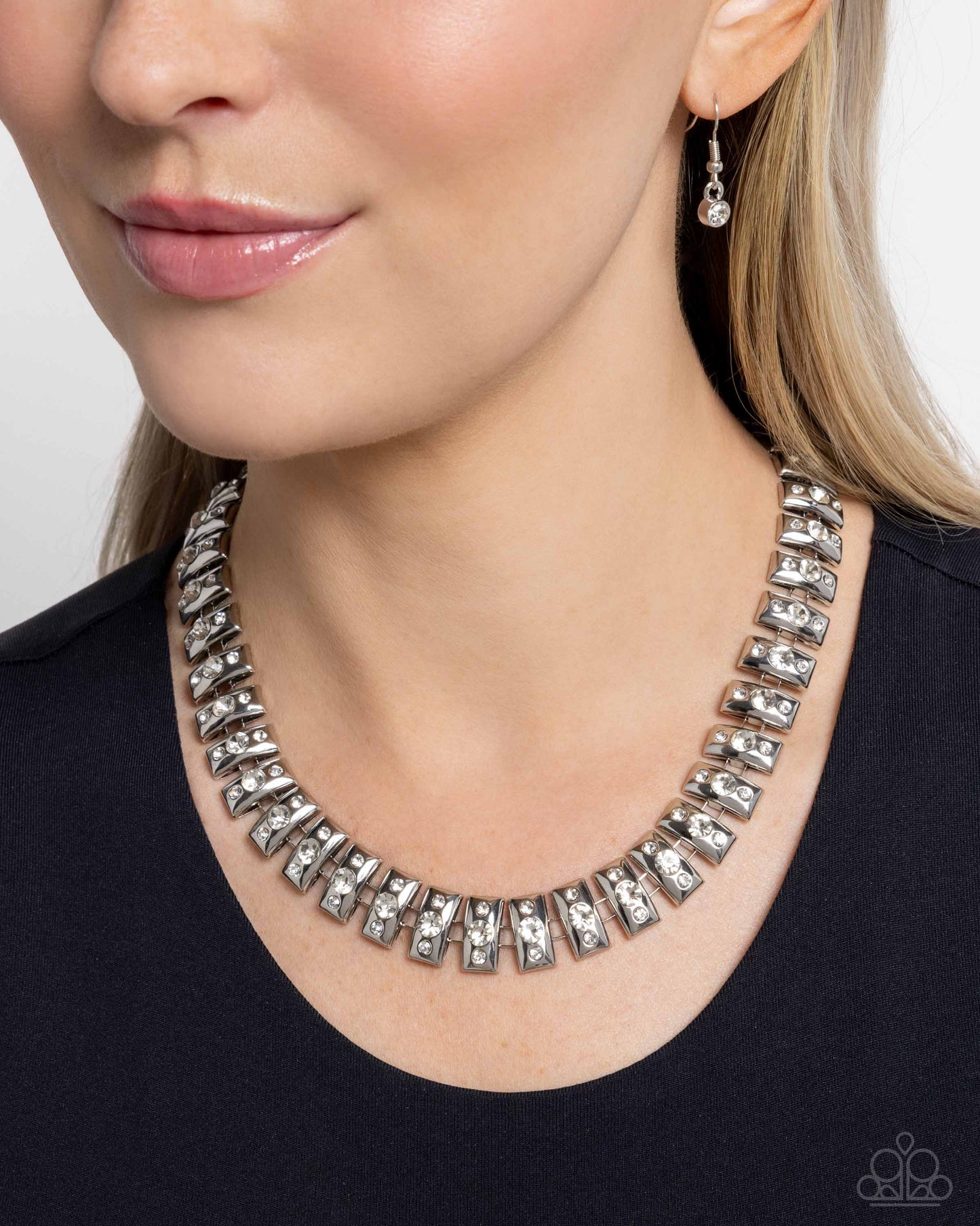 Officially Opulent - White Rhinestones/Curved Silver Plates Paparazzi Necklace & matching earrings