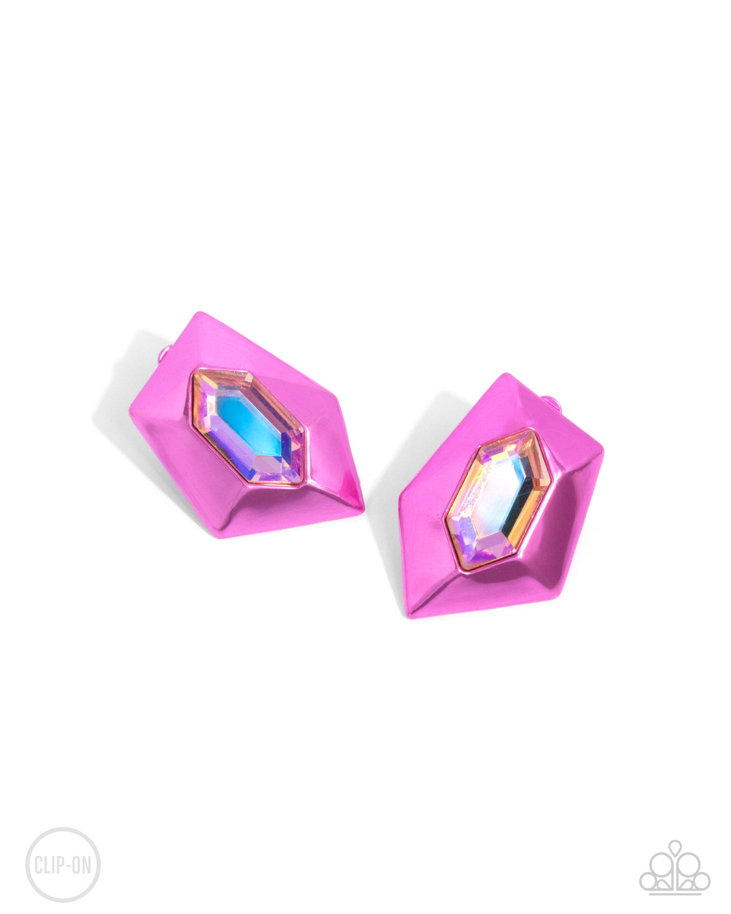 Dauntless Detail - Pink Metallic Abstract Frame/UV Gem Paparazzi CLIP-ON Earrrings