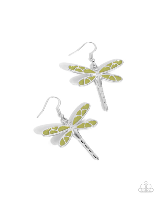 Dragonfly Descent - Green & Airy Silver Dragonfly Paparazzi Earrings