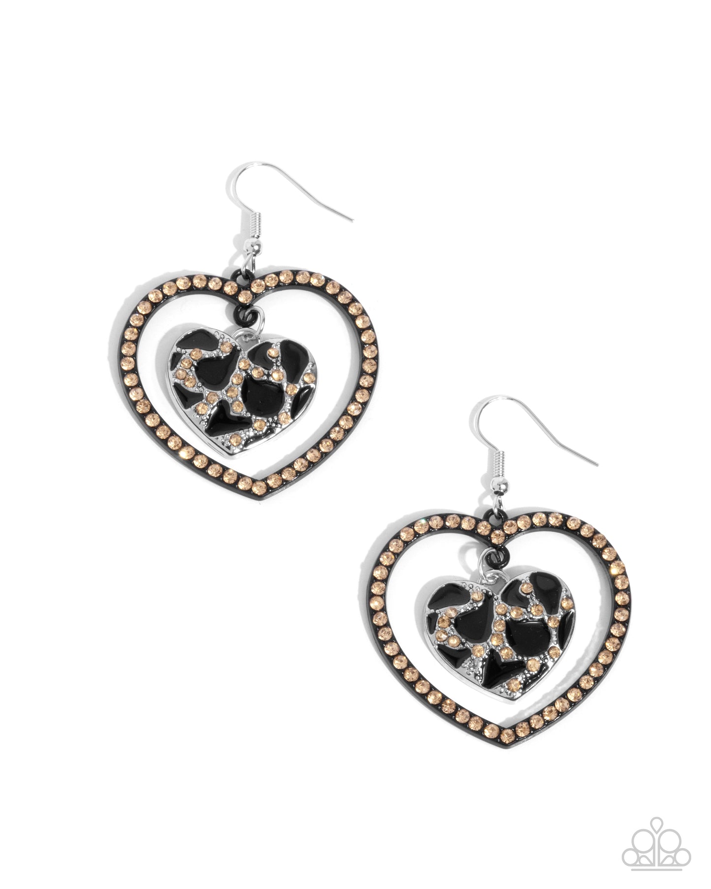 Leopard Love - Black Backdrop/Topaz Rhinestone Leopard Print Heart Paparazzi Earrings