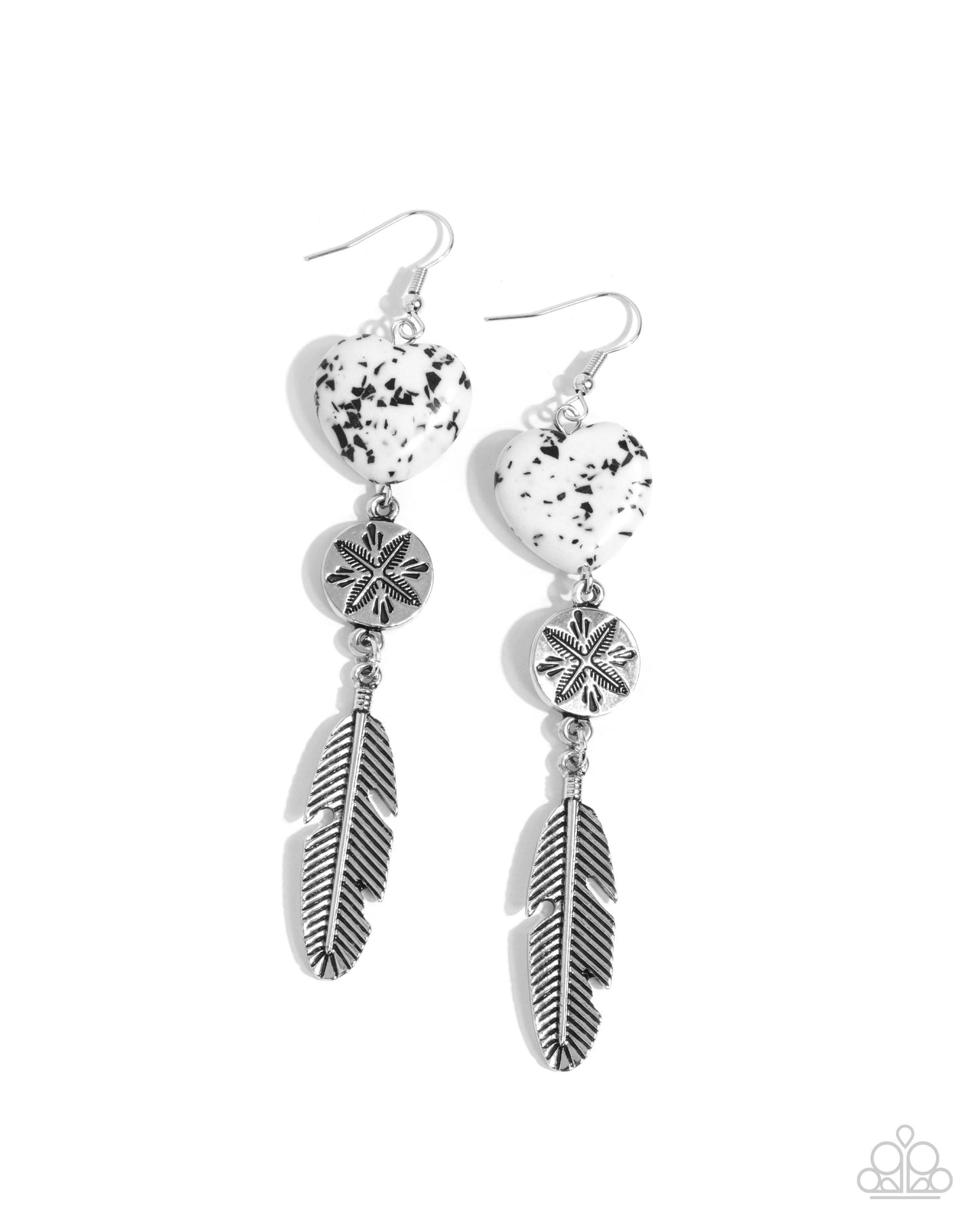 Free-Spirited Fame - White Heart Stone/Silver Feather Paparazzi Earrings