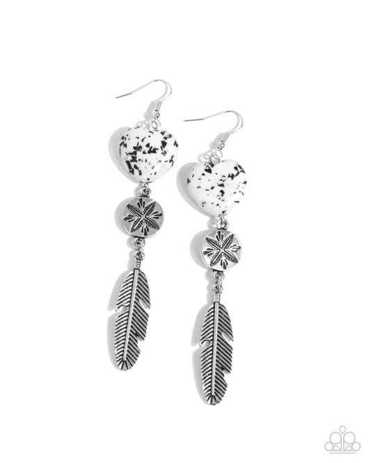 Free-Spirited Fame - White Heart Stone/Silver Feather Paparazzi Earrings