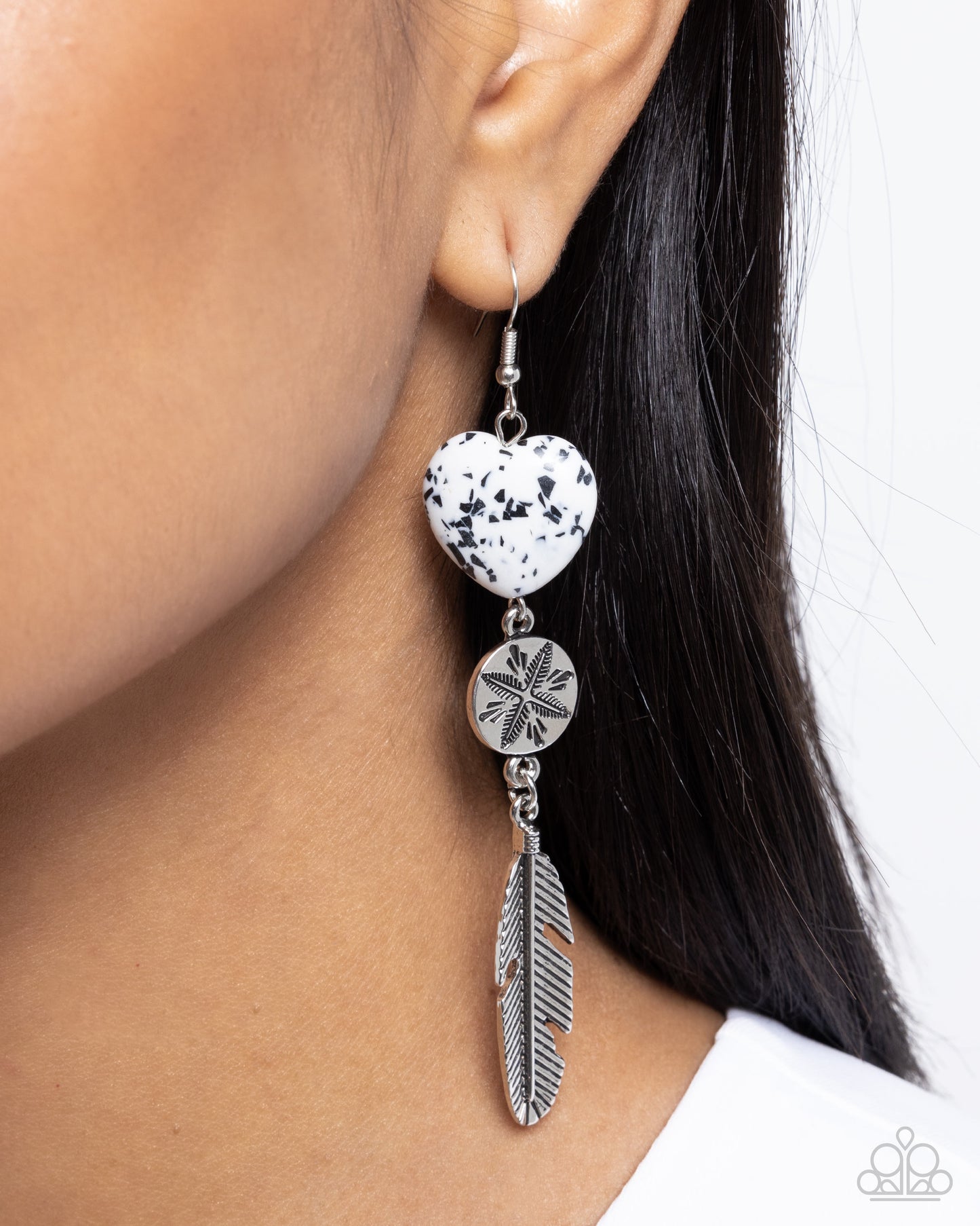 Free-Spirited Fame - White Heart Stone/Silver Feather Paparazzi Earrings