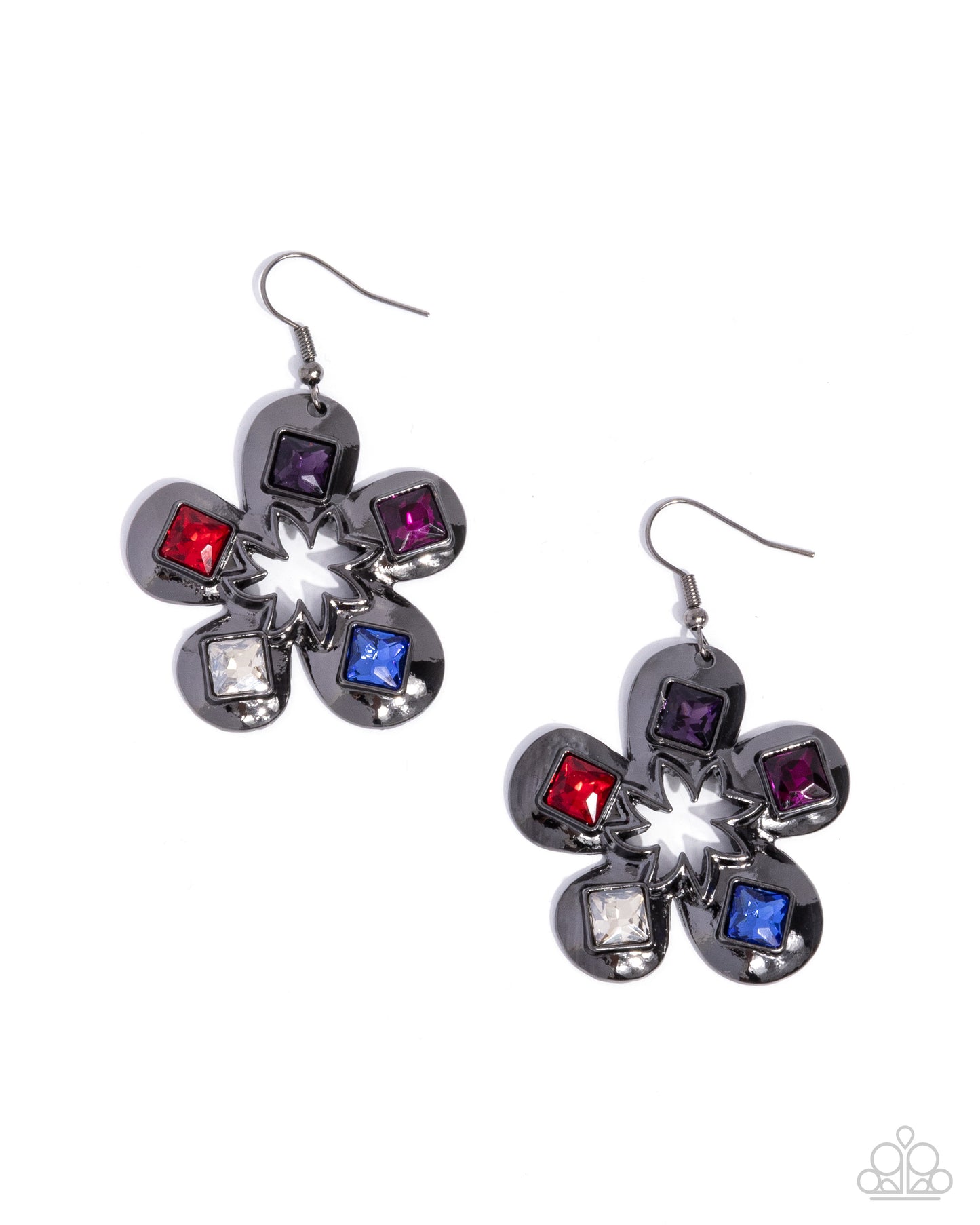 Circus Conservatory - Gunmetal Flowers/Multicolored Square Gems Paparazzi Earrings