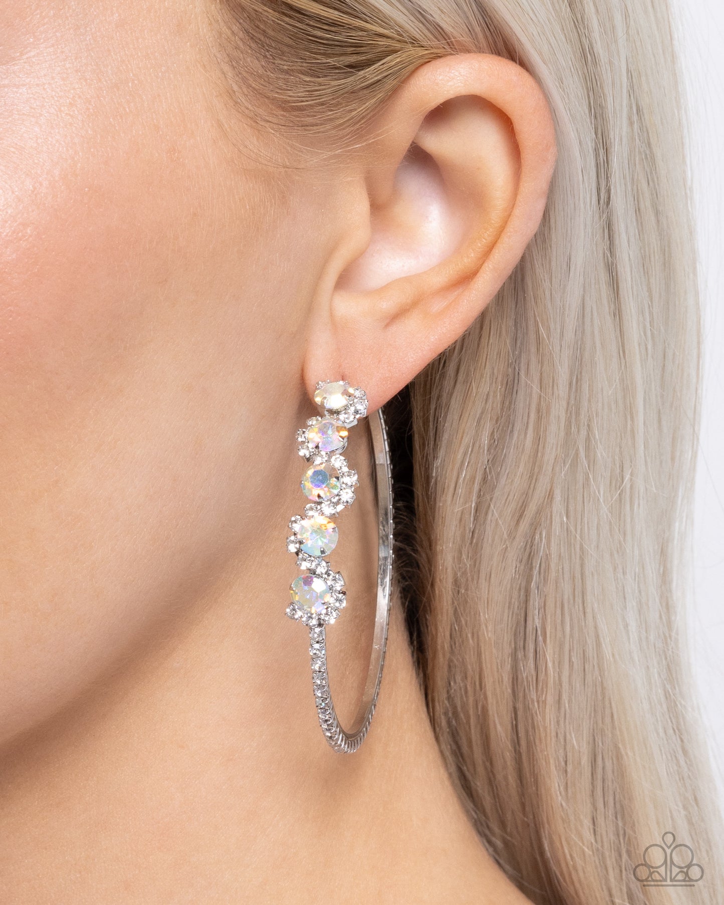 Noticeable Difference - Multicolored Iridescent Gems/White Rhinestone Embellished Paparazzi Hoop Earrings