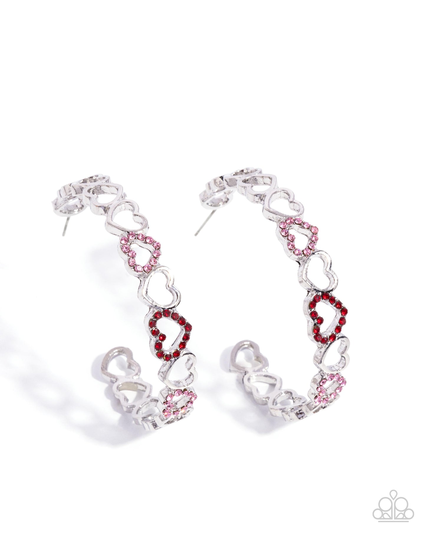 Happier Than Ever - Multicolored Rhinestone Embellished Silver Hearts Paparazzi Hoop Earrings