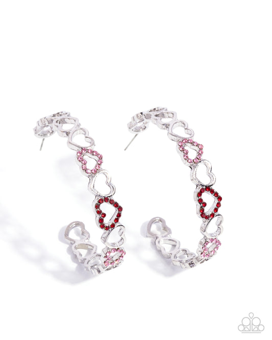 Happier Than Ever - Multicolored Rhinestone Embellished Silver Hearts Paparazzi Hoop Earrings