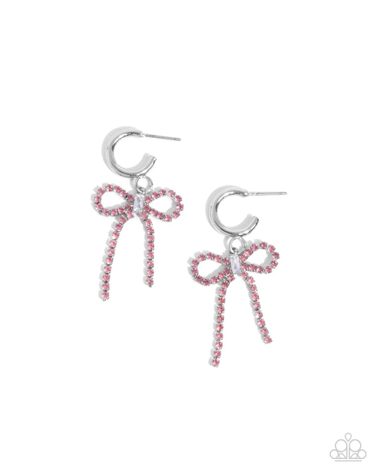 Whispering Whimsy - Pink Rhinestone Bow/Silver Hoops Paparazzi Earrings
