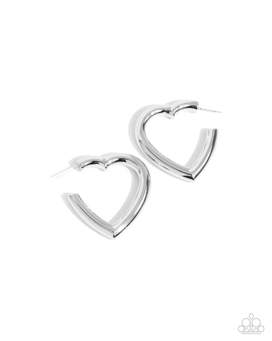 Local Attraction - Silver Heart Shaped Hoop Paparazzi Earrings