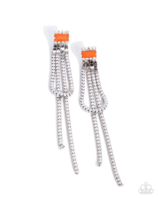 Classy Curves - Orange Emerald-Cut Acrylic & Silver Chain Fringe Paparazzi Earrings