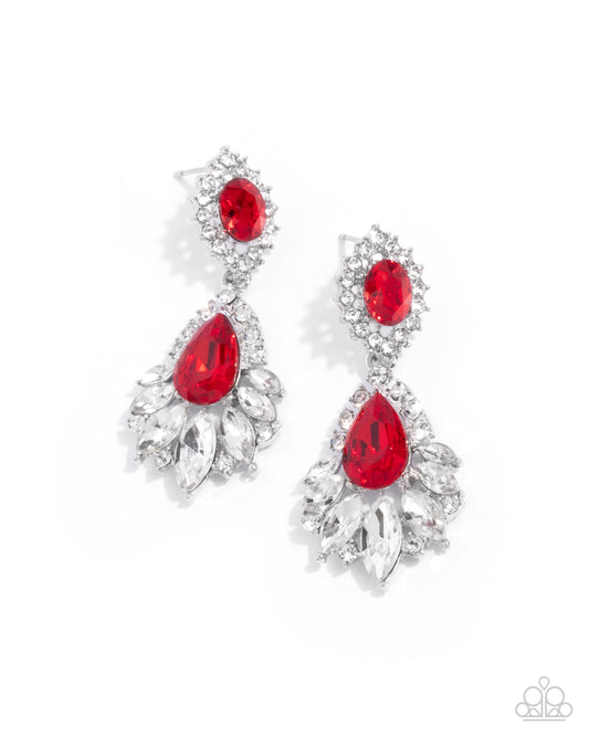 Self-Composed - Red & White Gems/Silver Interconnected Frames Paparazzi Earrings