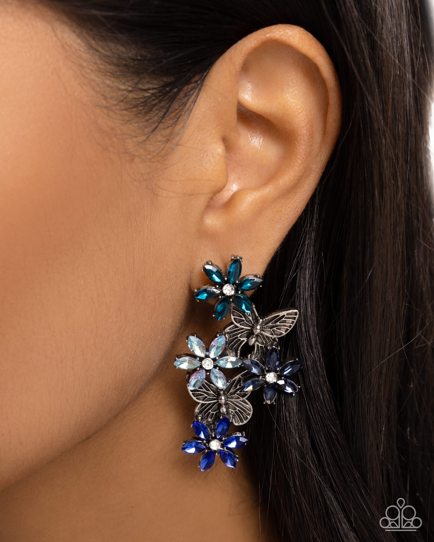 Aerial Award - Blue Iridescent Gem Petals/White Rhinestone Centers/Silver Butterflies Paparazzi Earrings
