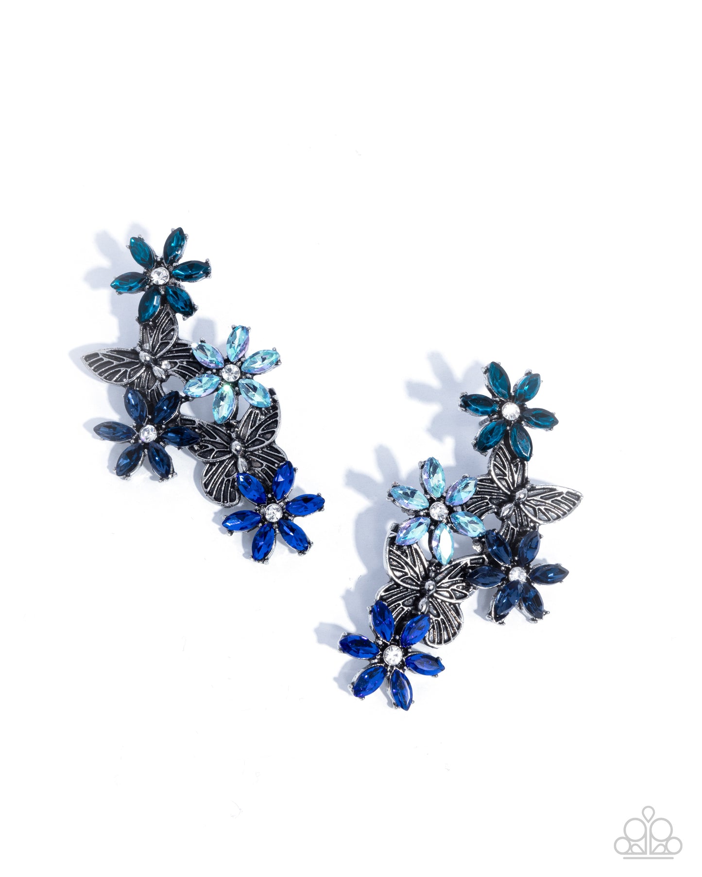 Aerial Award - Blue Iridescent Gem Petals/White Rhinestone Centers/Silver Butterflies Paparazzi Earrings