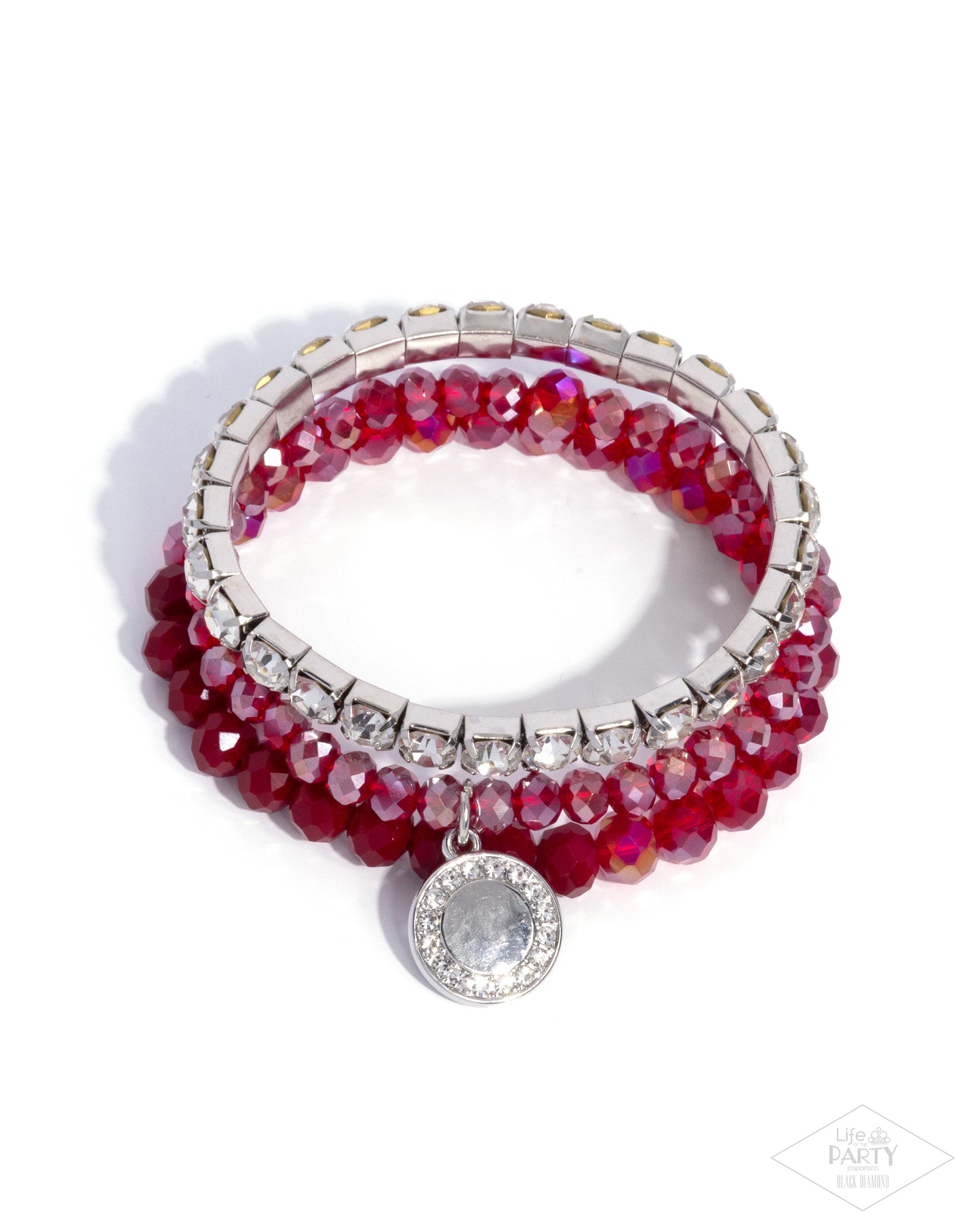 Heroic Haute - Red Faceted Beads/White Rhinestones/Silver Disc Pendant Paparazzi Set of 3 Stretch Bracelets