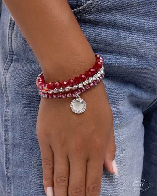 Heroic Haute - Red Faceted Beads/White Rhinestones/Silver Disc Pendant Paparazzi Set of 3 Stretch Bracelets