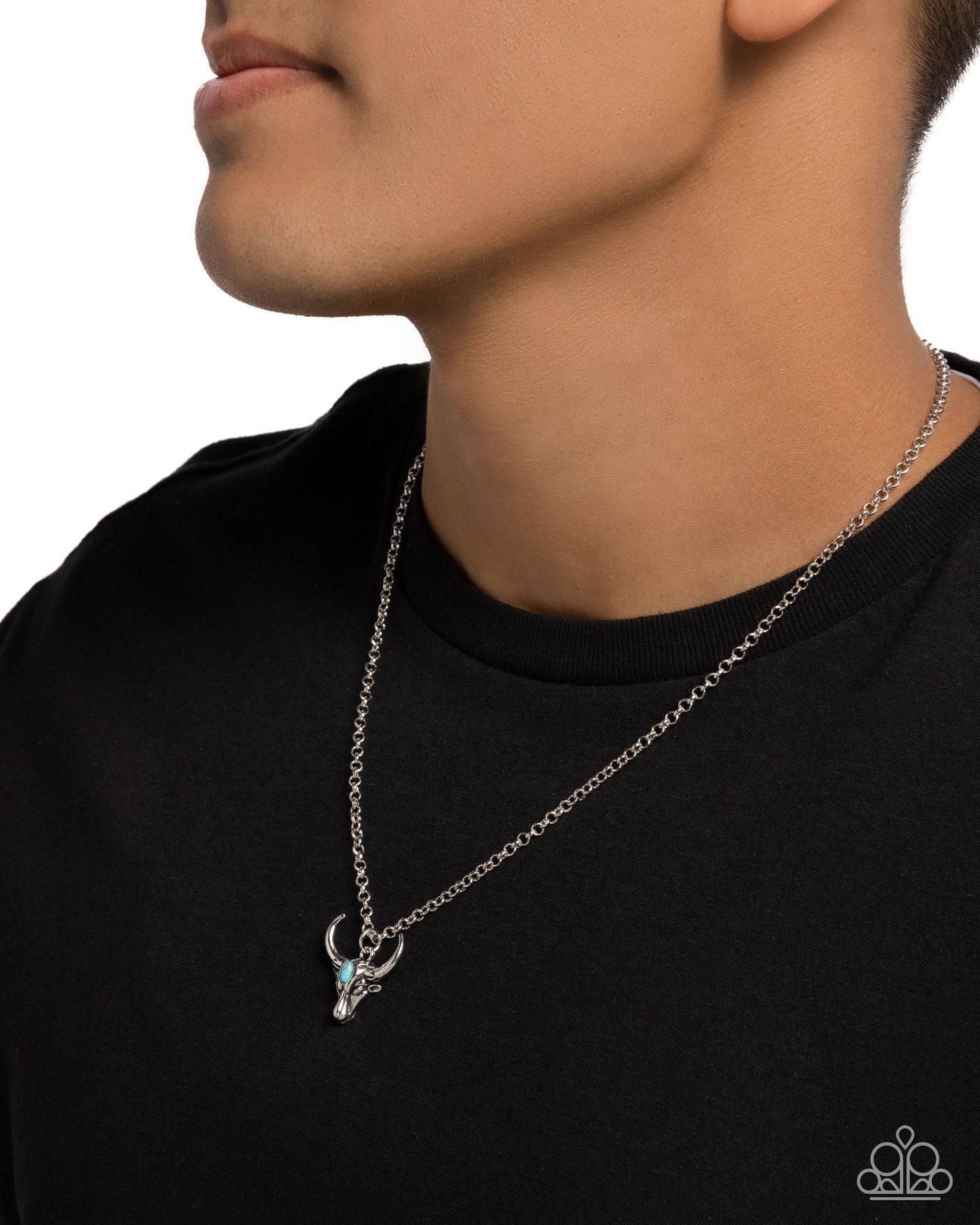 Speeding Up - Blue/Turquoise Stone & Silver Longhorn Skull Paparazzi Necklace