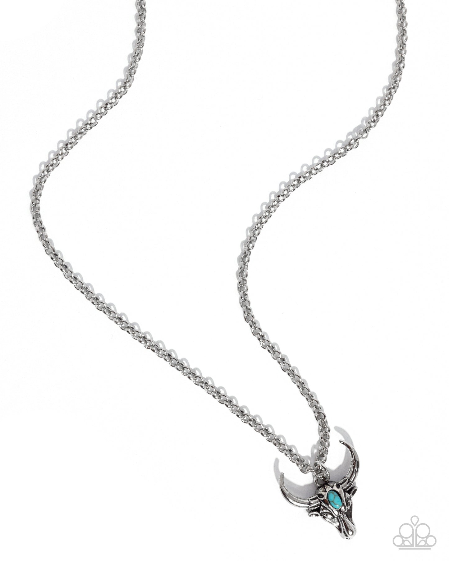 Speeding Up - Blue/Turquoise Stone & Silver Longhorn Skull Paparazzi Necklace