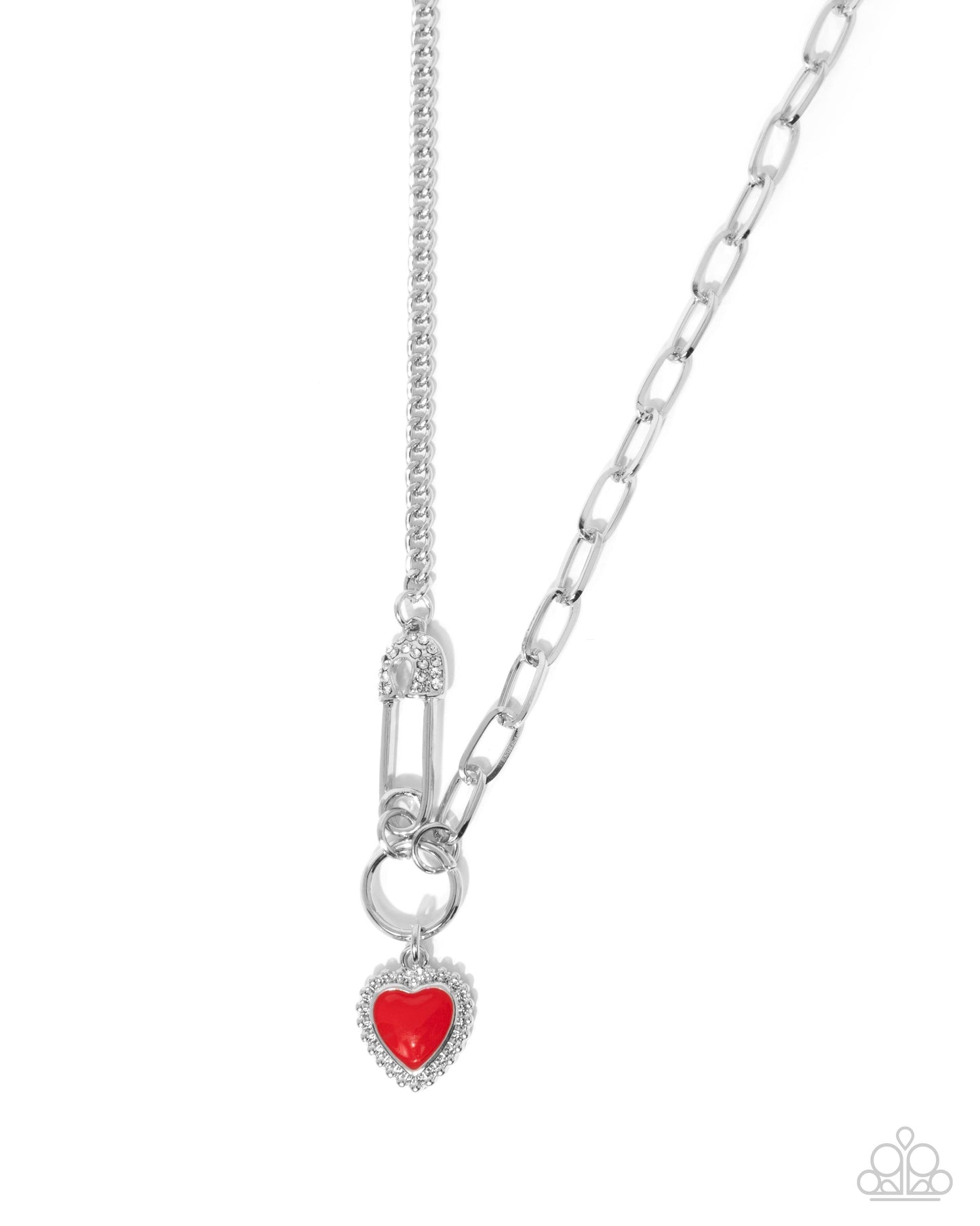 Valuable Valor - Red Heart/Silver Safety Pin Pendant Paparazzi Necklace & matching earrings
