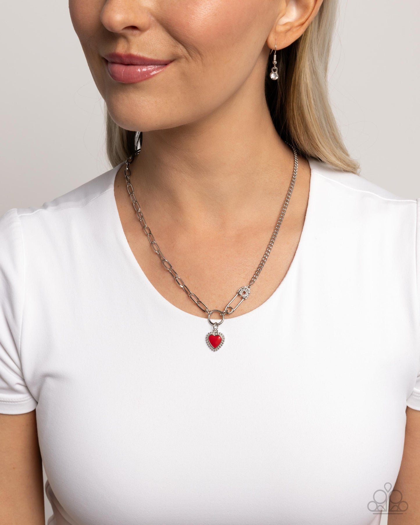 Valuable Valor - Red Heart/Silver Safety Pin Pendant Paparazzi Necklace & matching earrings