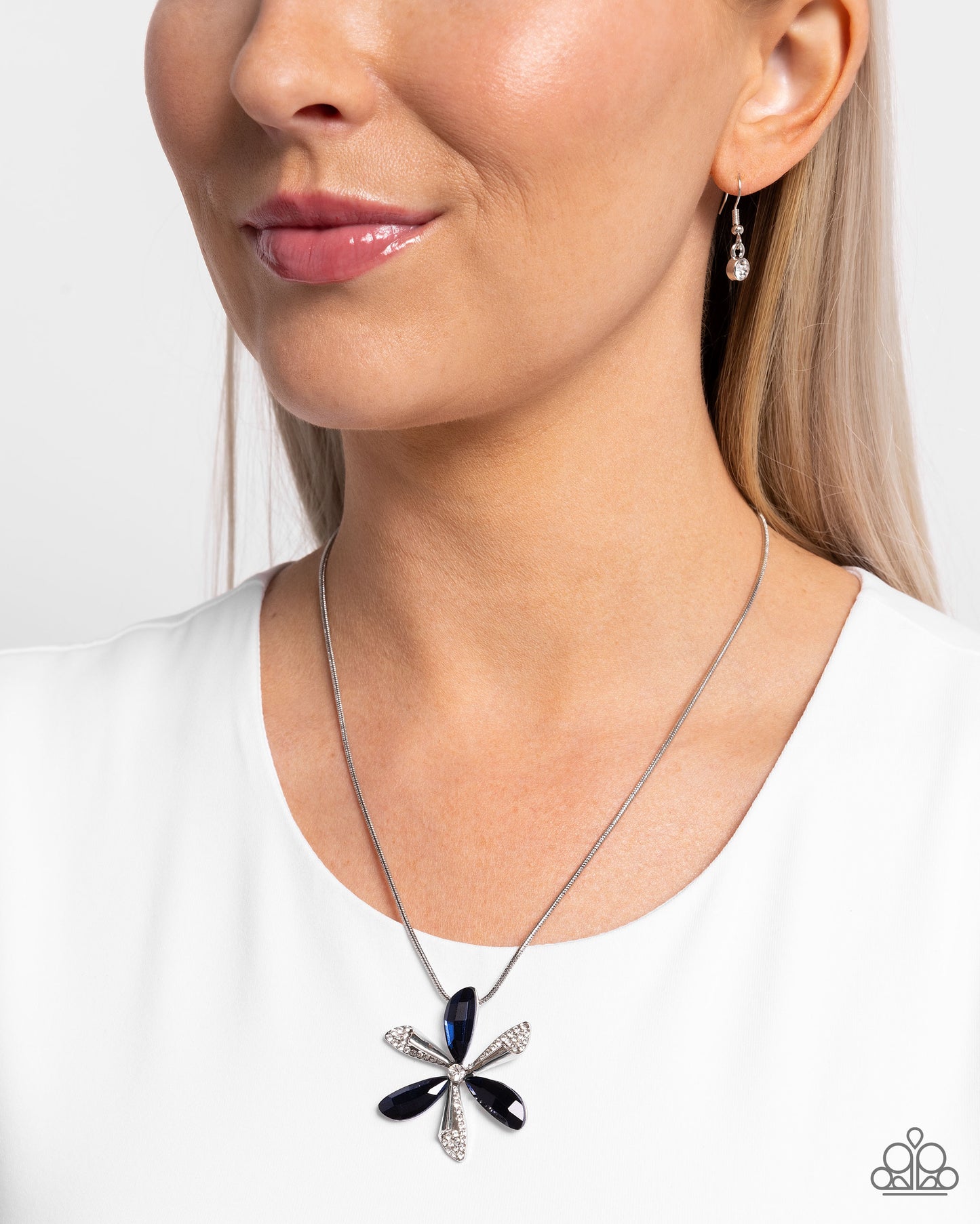 Potent Pattern - Blue/White Rhinestone Embellished Petals Paparazzi Flower Pendant Necklace & matching earrings