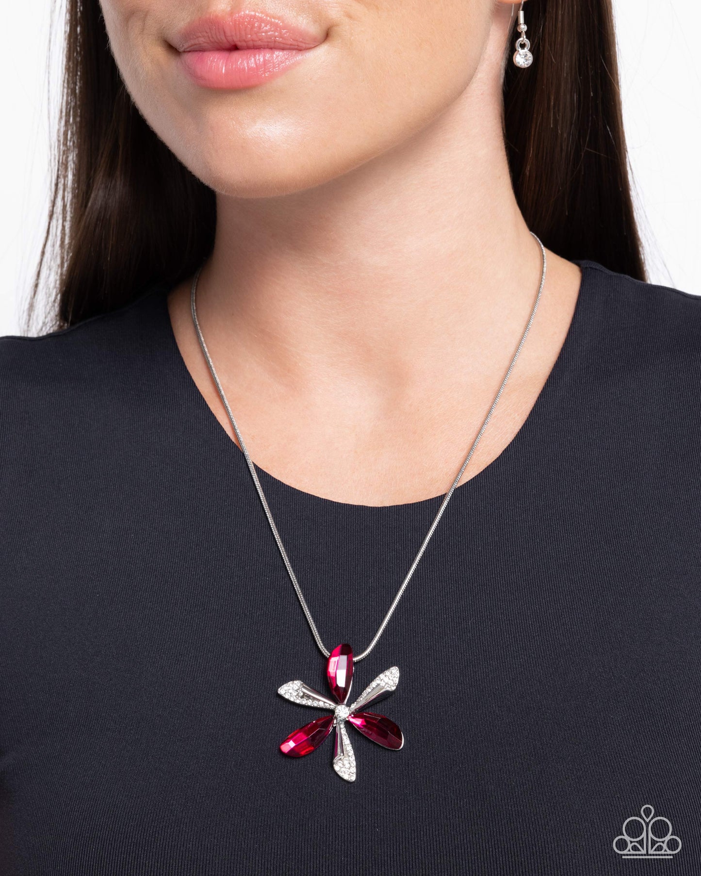 Potent Pattern - Pink/White Rhinestone Abstract Flower Pendant Paparazzi Necklace & matching earrings