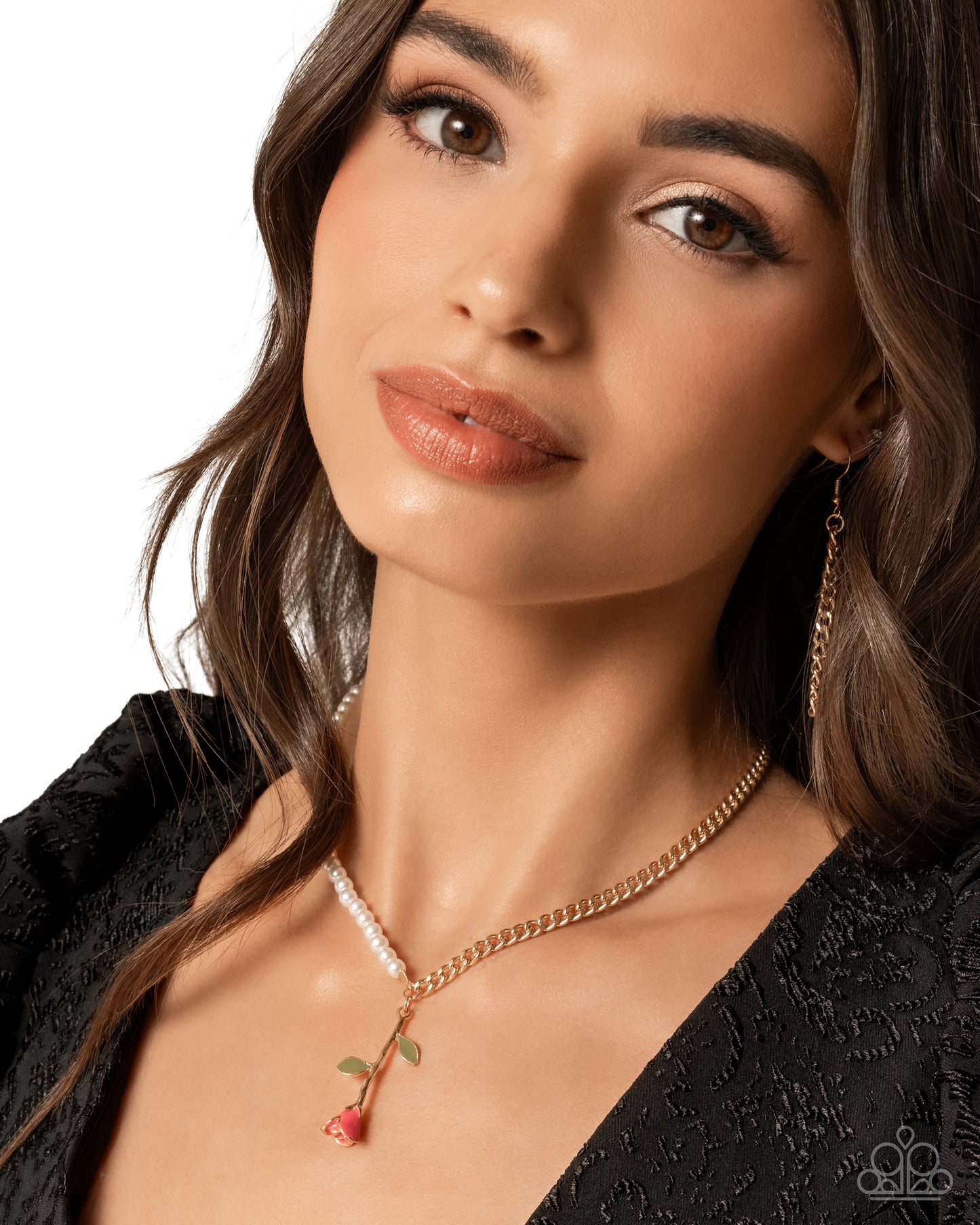 Belles Radiance - Pink Rose Pendant/Gold Chain/White Pearls Paparazzi Necklace & matching earrings