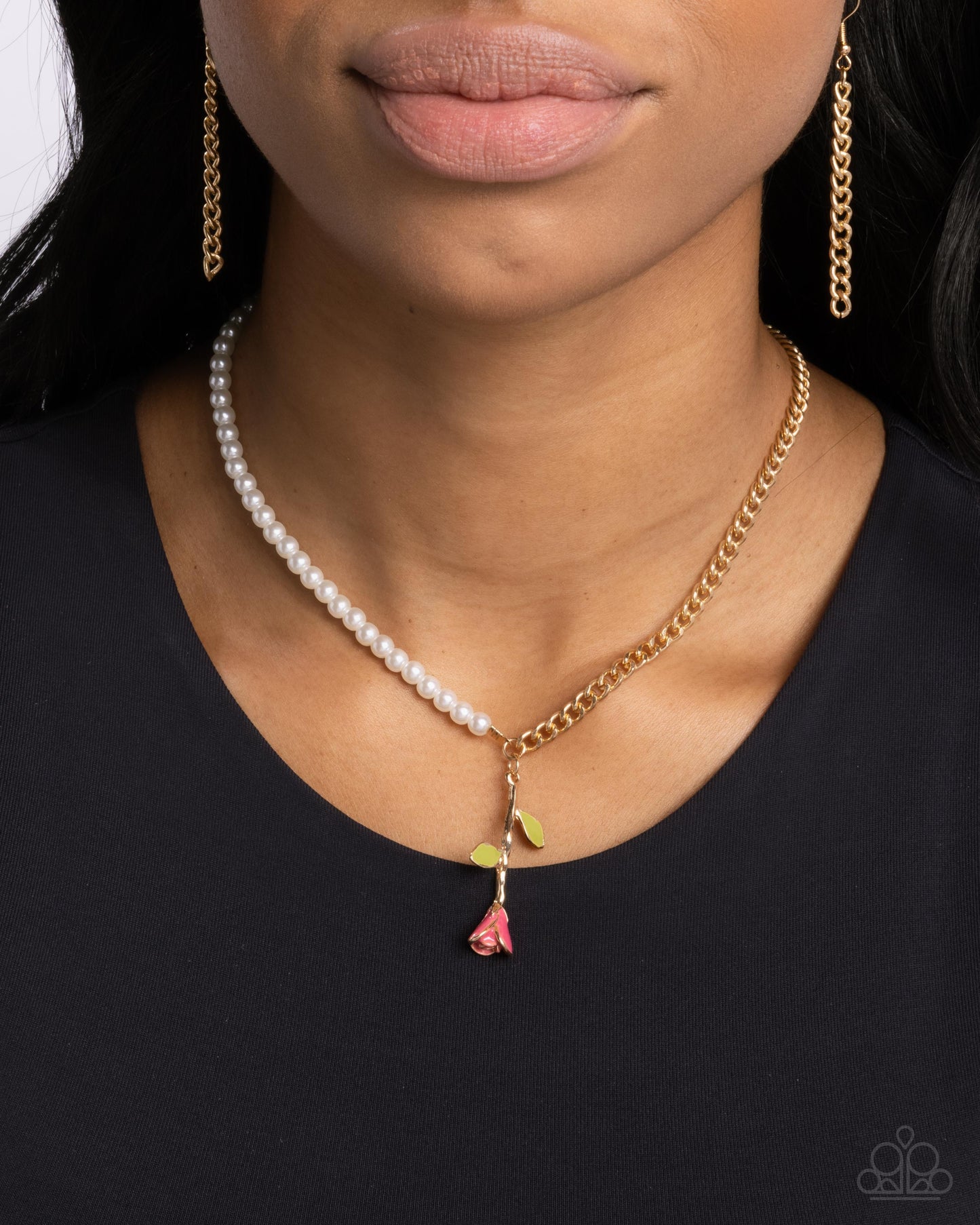 Belles Radiance - Pink Rose Pendant/Gold Chain/White Pearls Paparazzi Necklace & matching earrings
