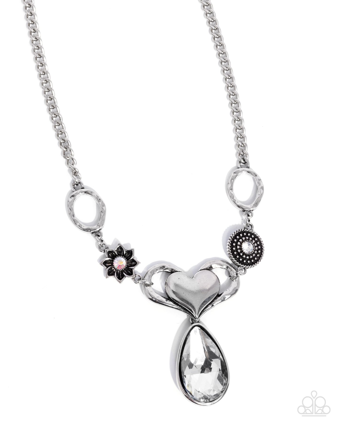 Favorite Fashion - White Gem/Silver Hearts Paparazzi Necklace & matching earrings