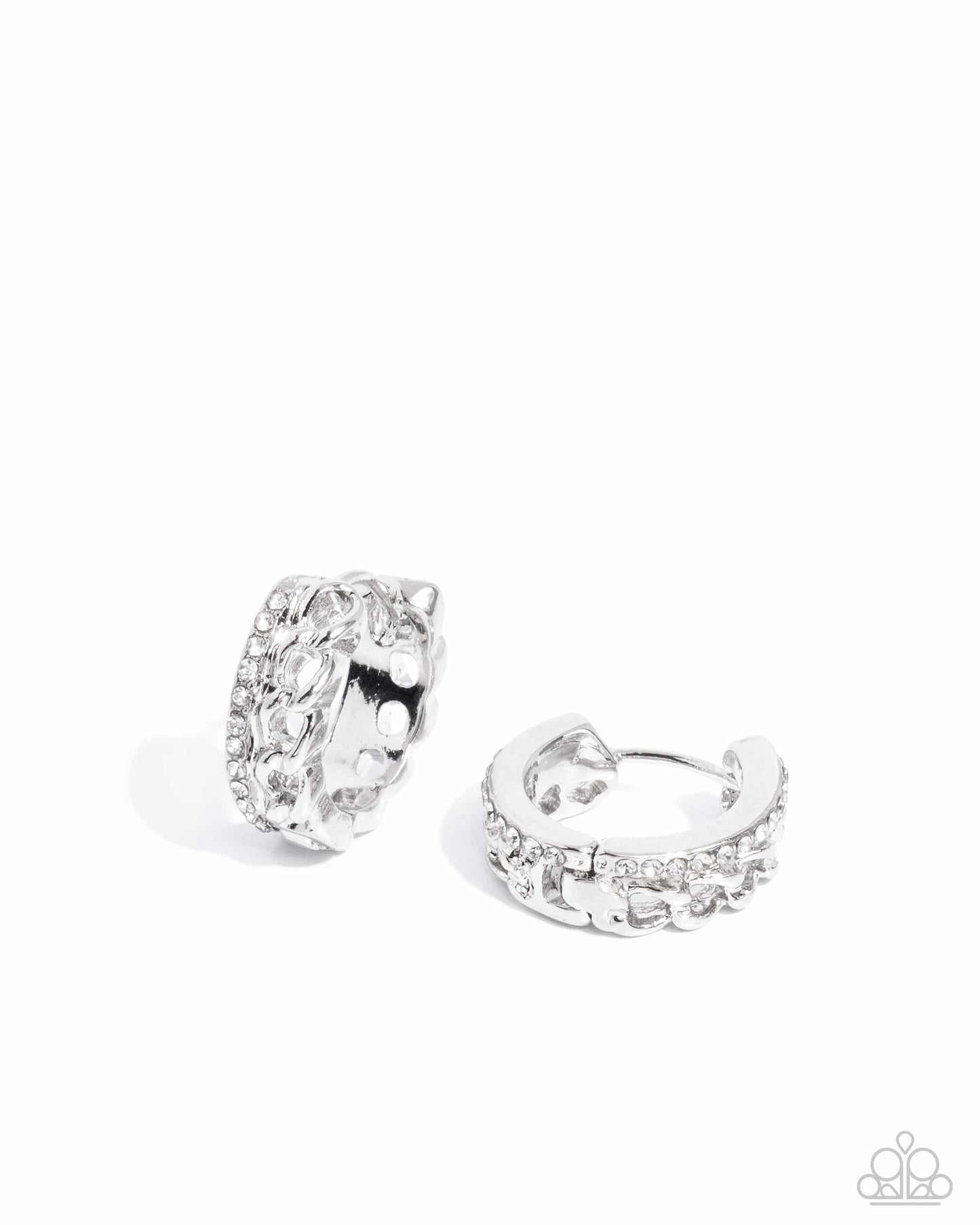 Lethal Layers - White Rhinestone Embellished Silver Bar/Silver Chain Paparazzi Hoop Earrings