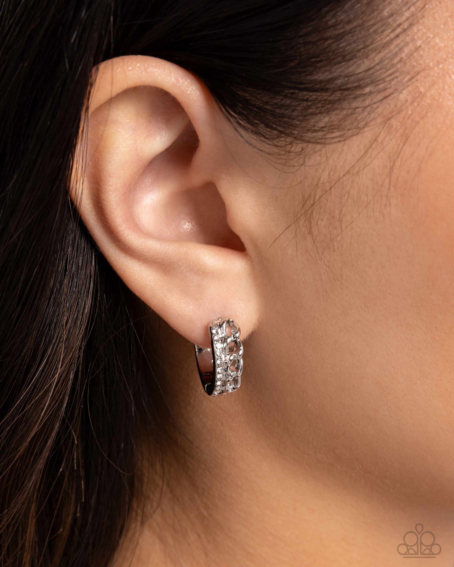 Lethal Layers - White Rhinestone Embellished Silver Bar/Silver Chain Paparazzi Hoop Earrings