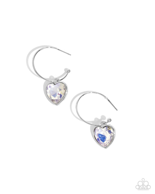 Diamond of the Night - White Heart Gem/Thin Silver Hoop Paparazzi Earrings