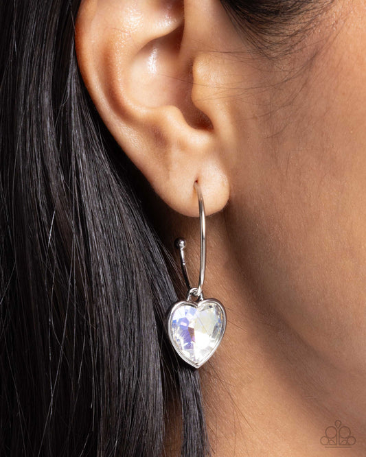 Diamond of the Night - White Heart Gem/Thin Silver Hoop Paparazzi Earrings