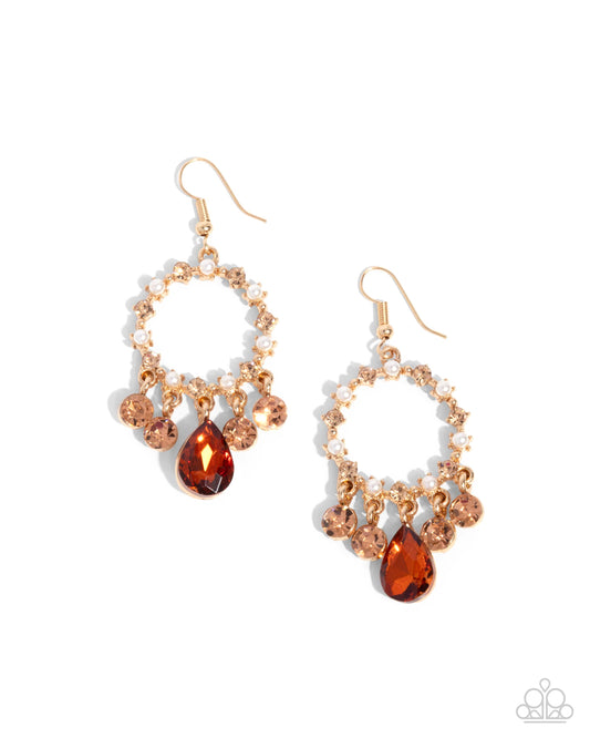 Regency Radiance - Brown/Peach Rhinestone Embellished Gold Paparazzi Earrings