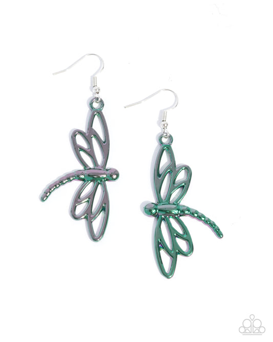 Dapper Dragonfly - Green Iridescent Overlay Dragonfly Paparazzi Earrings