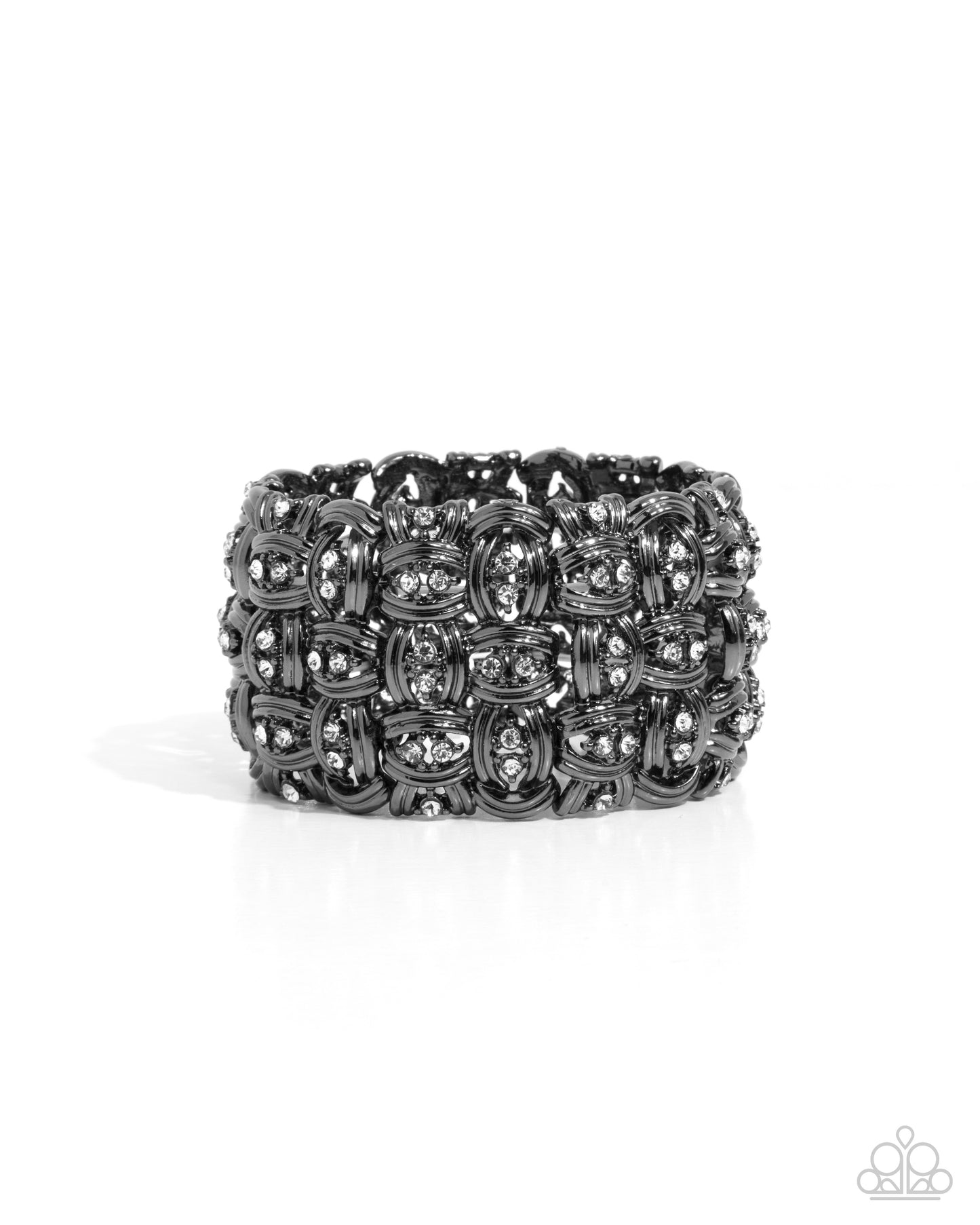 Woven Wardrobe - Gunmetal Woven Wires & White Rhinestones Paparazzi Stretch Bracelet