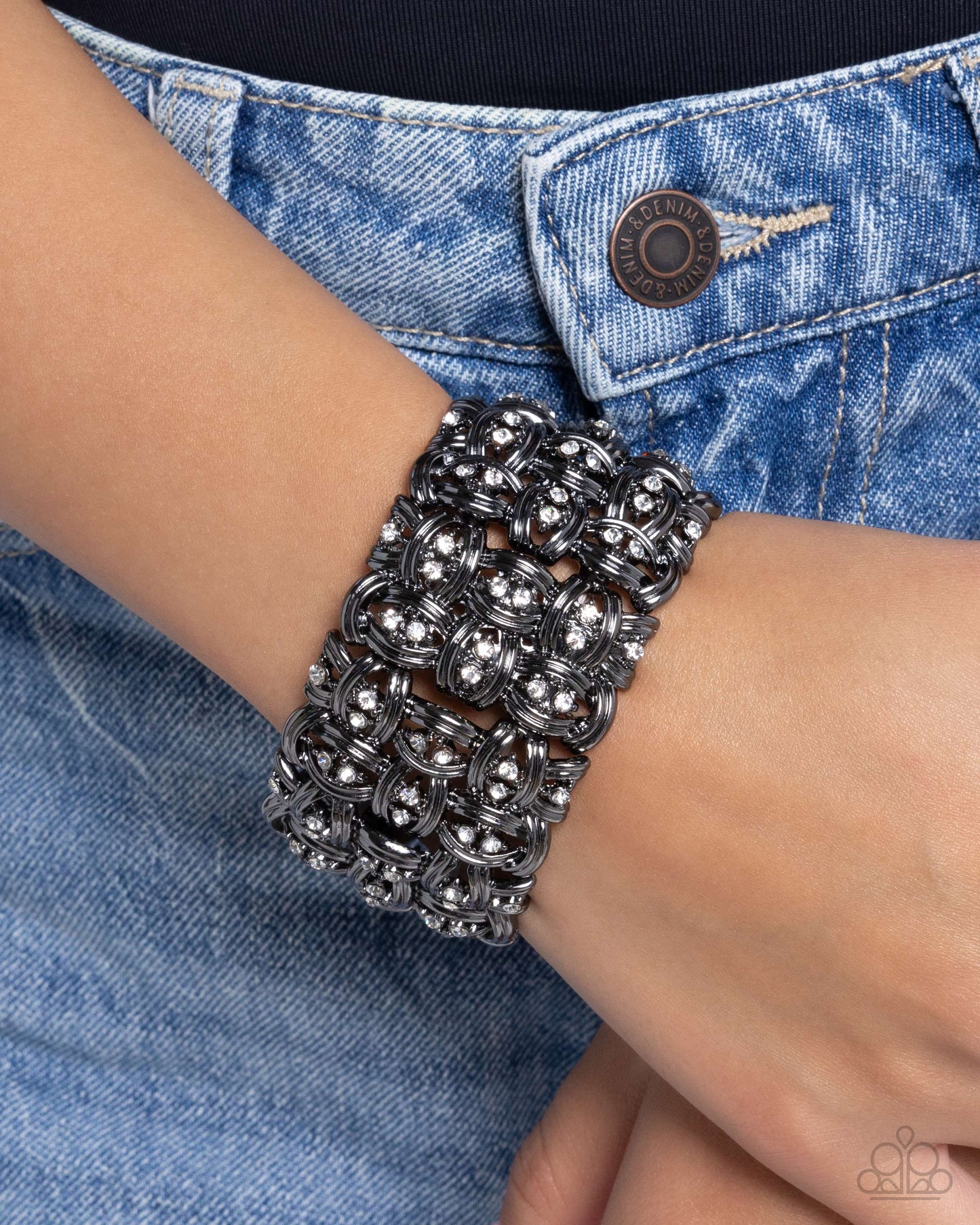 Woven Wardrobe - Gunmetal Woven Wires & White Rhinestones Paparazzi Stretch Bracelet