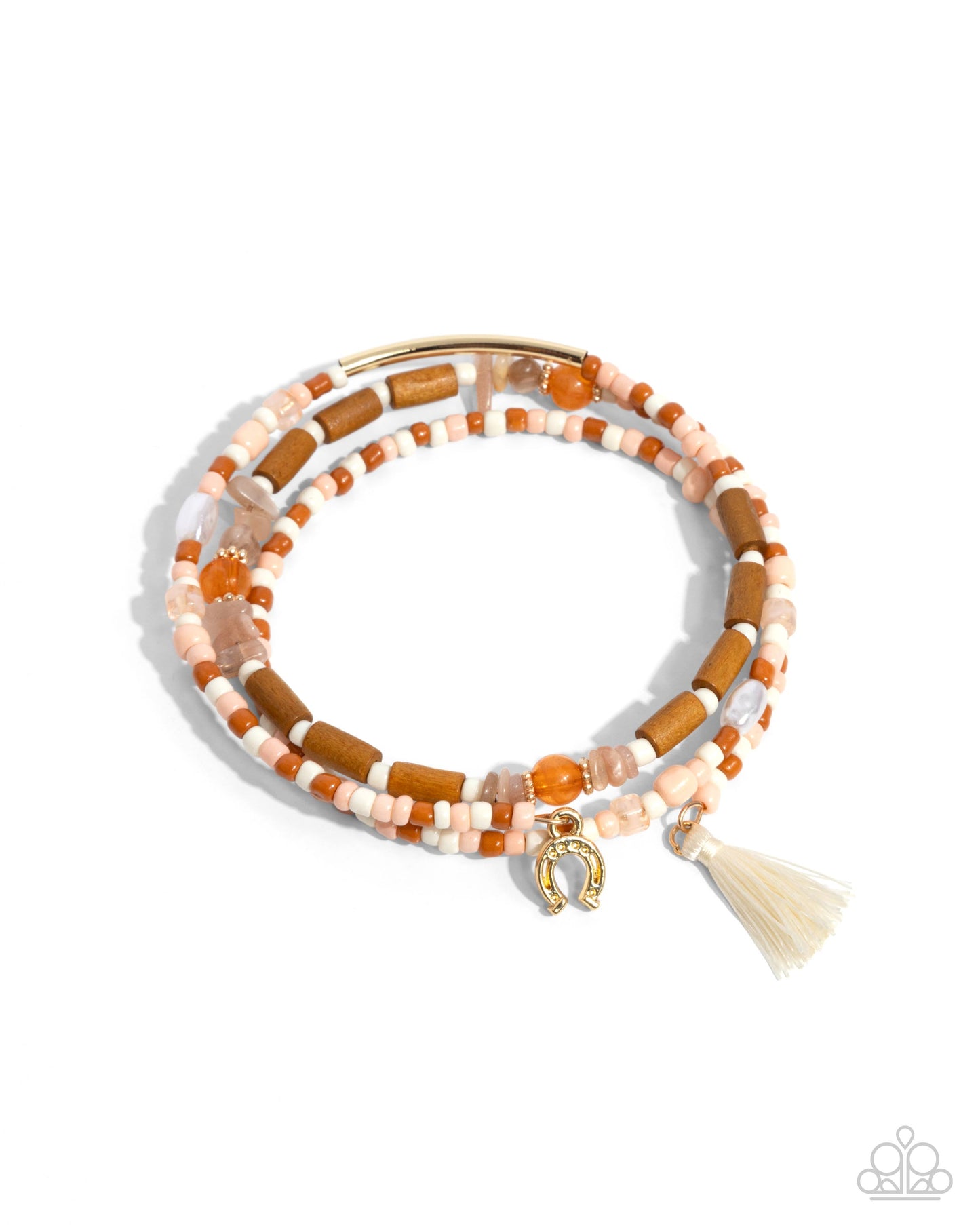 Colored Conversation - Orange, Ivory, Tomato Seed Beads/Wooded Beads/Gold Accents Paparazzi Coil Bracelet