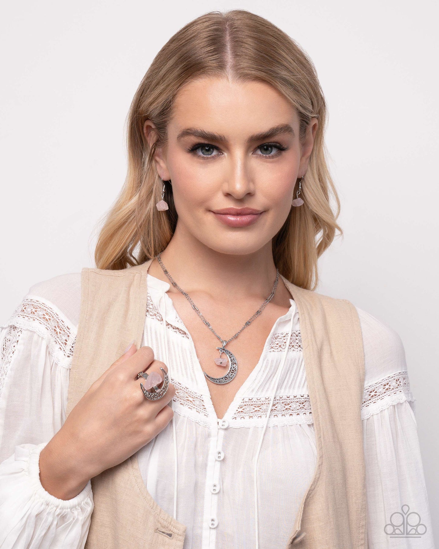 Crescent Charm - Pink Chiseled Stone/Crescent Moon Pendant Paparazzi Necklace & matching earrings