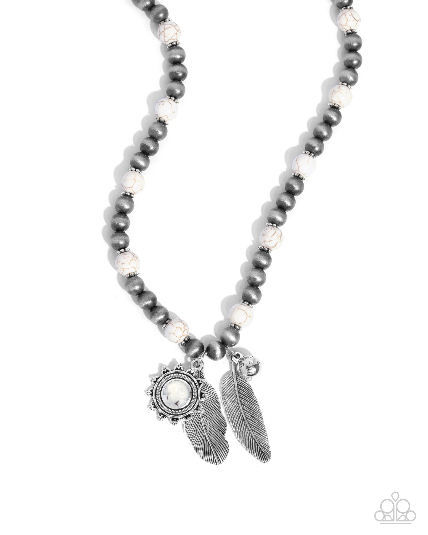 Steady Stones - White Stone/Silver Floral/Navajo Pearl/Silver Feather Charms Paparazzi Necklace & matching earrings