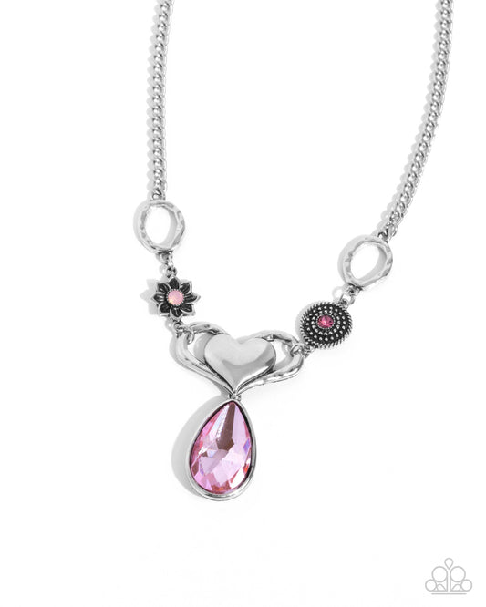 Favorite Fashion - Pink Teardrop Gem/Silver Heart Paparazzi Necklace & matching earrings
