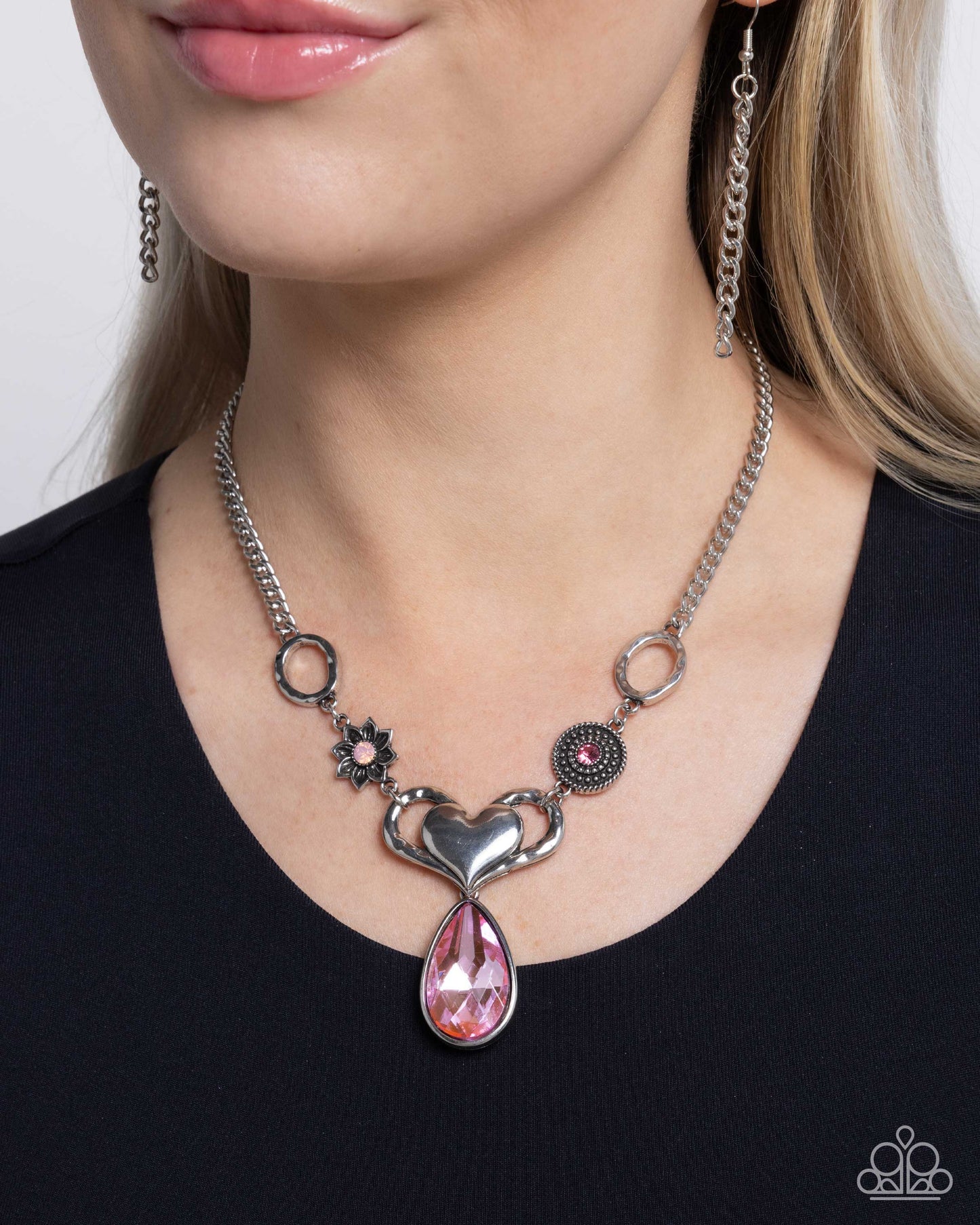 Favorite Fashion - Pink Teardrop Gem/Silver Heart Paparazzi Necklace & matching earrings