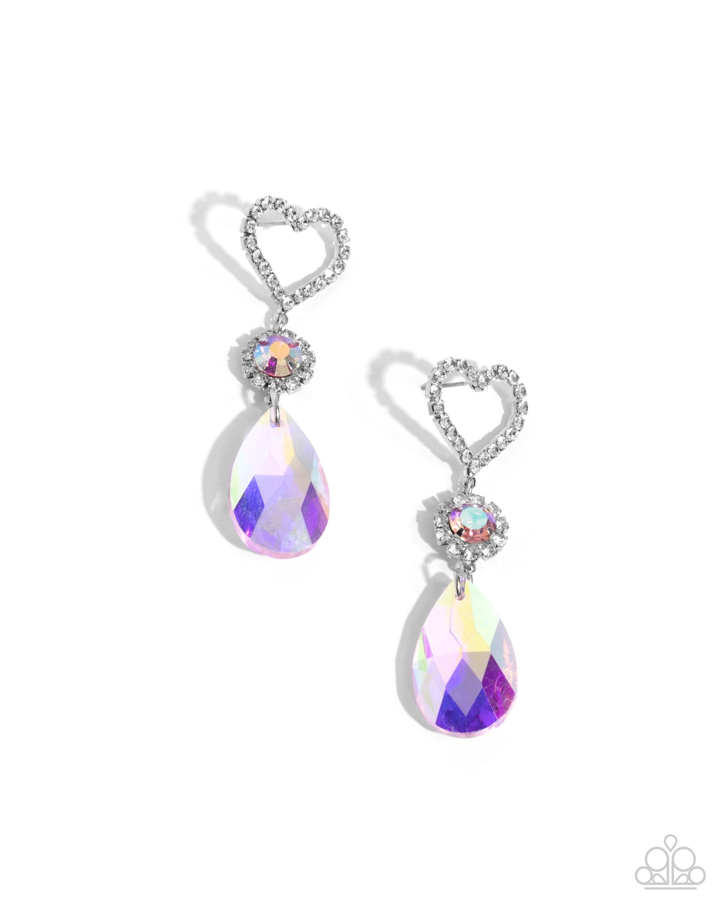 Faceted Frenzy - Pink Iridescent Teardrop Gem/White Rhinestone Heart Paparazzi Earrings