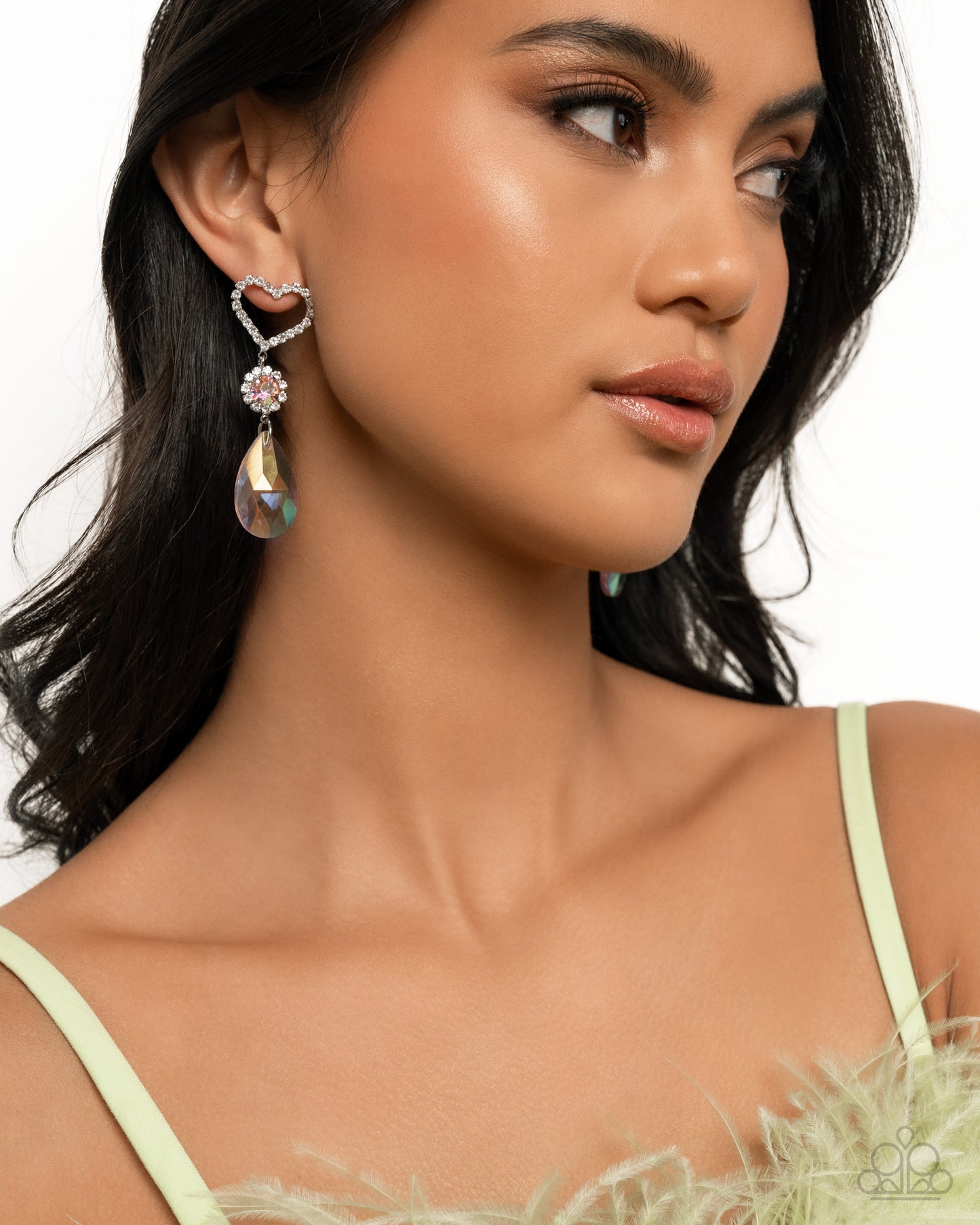 Faceted Frenzy - Pink Iridescent Teardrop Gem/White Rhinestone Heart Paparazzi Earrings