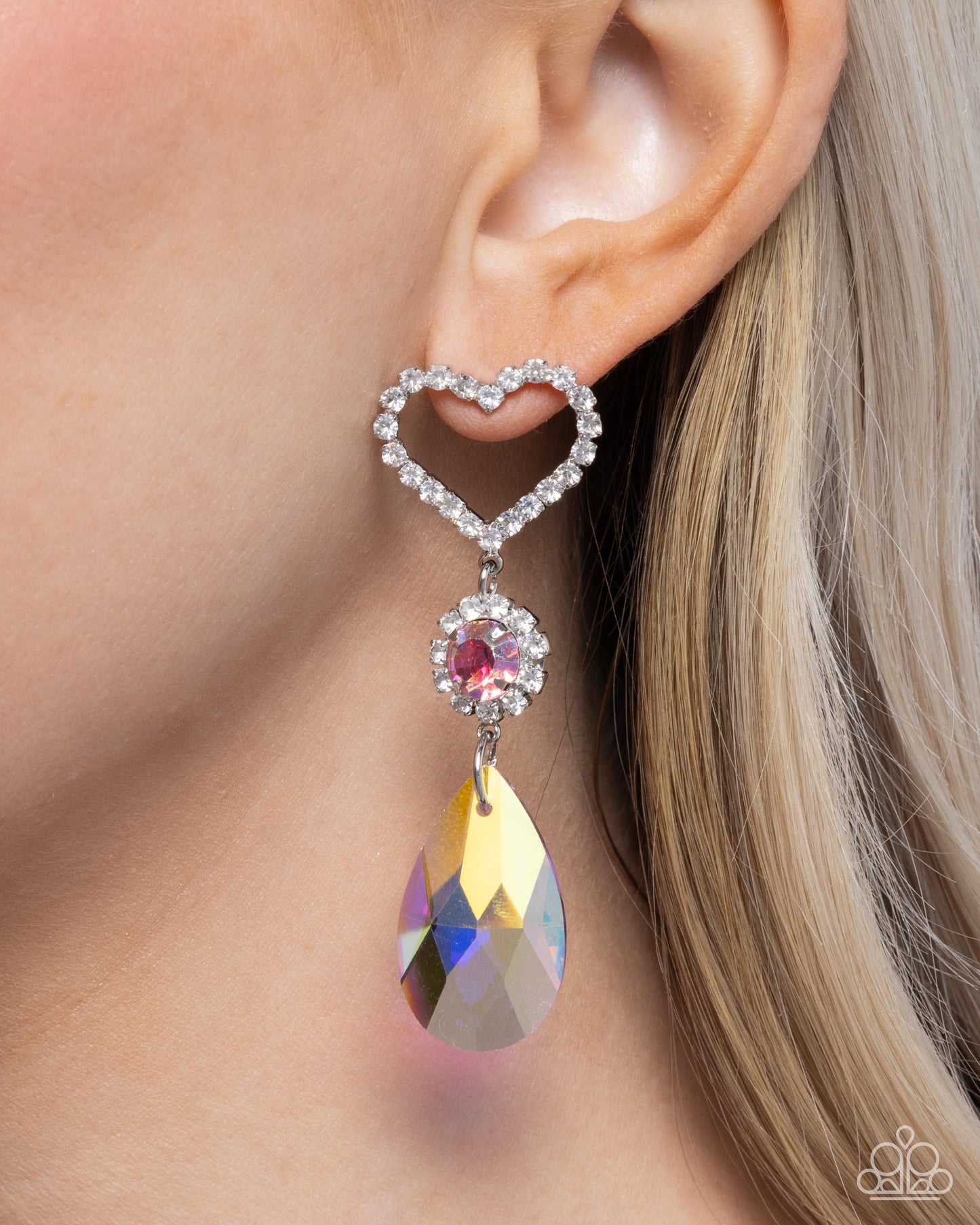 Faceted Frenzy - Pink Iridescent Teardrop Gem/White Rhinestone Heart Paparazzi Earrings