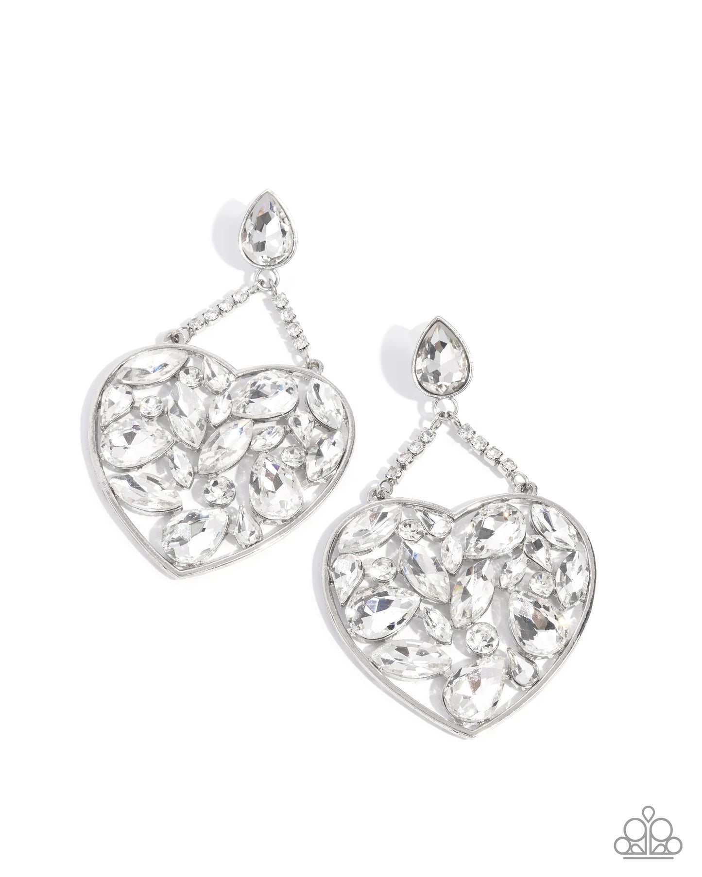 Glittery Gait - White Rhinestone Filled Oversized Silver Heart Paparazzi Earrings