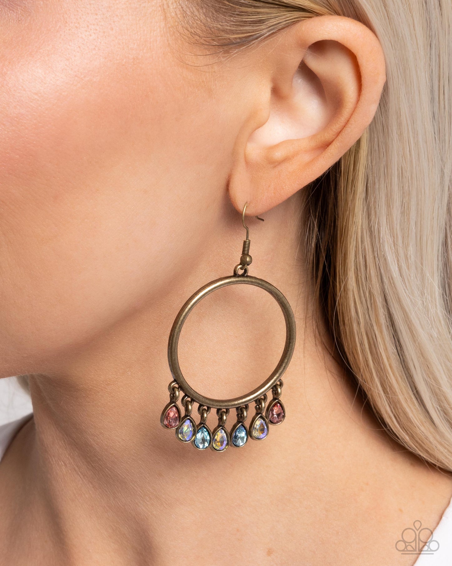 Hooped Hello - Brass Hoop & UV Teardrop Gems Paparazzi Earrings
