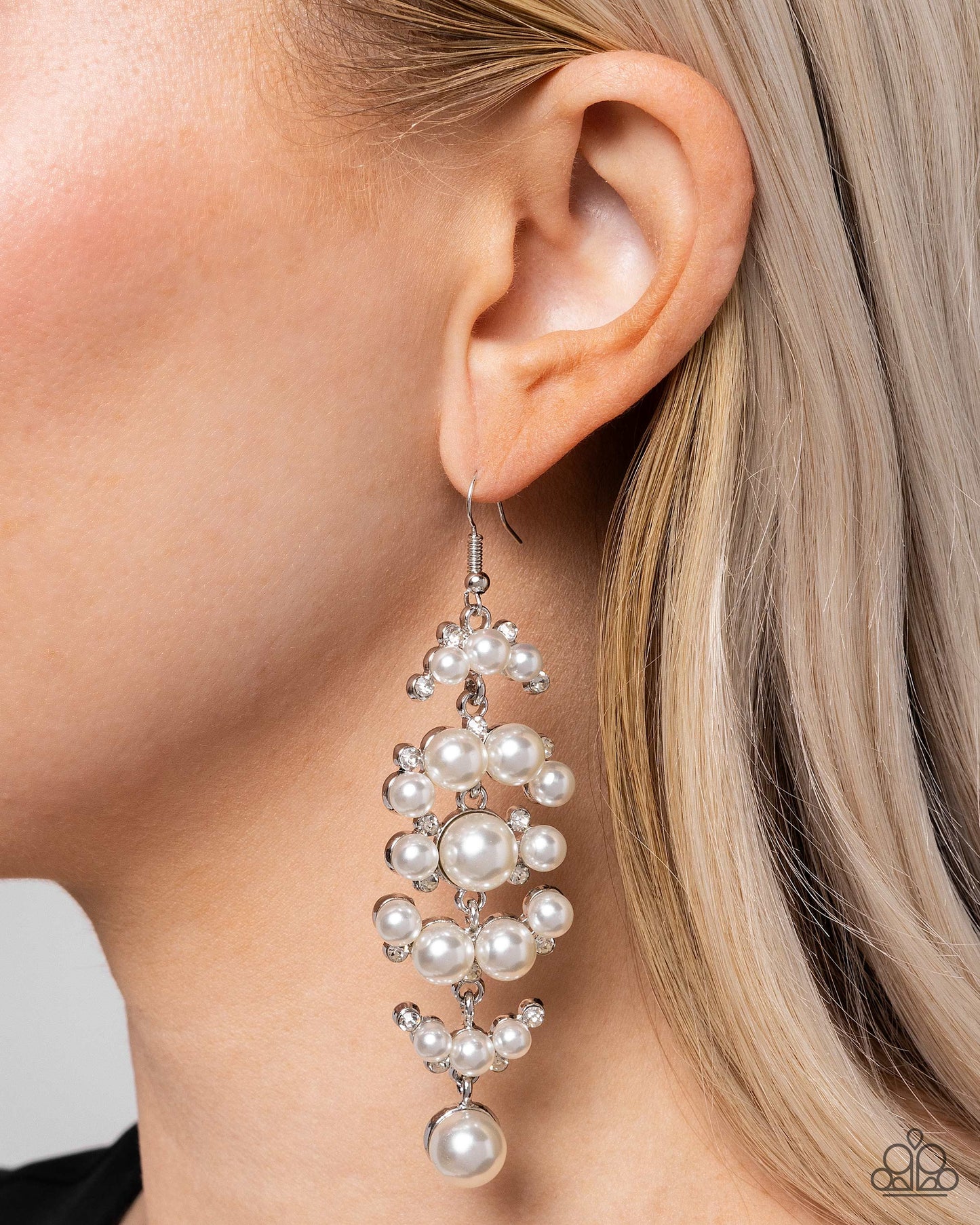Talk of The Ton - White Pearls & White Rhinestone Cluster Paparazzi Earrings