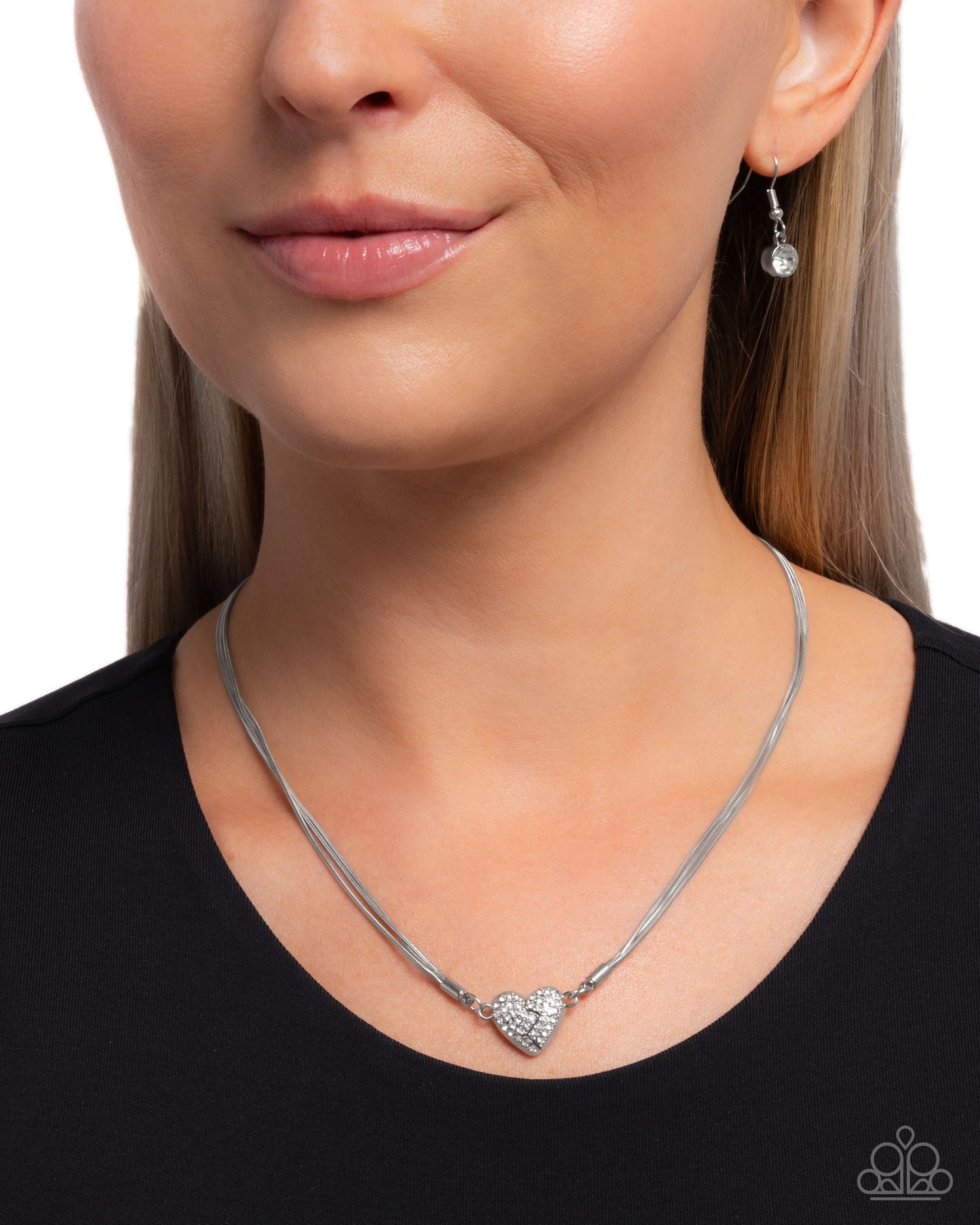 Heartbroken Bling - White Rhinestone Embellished "Broken" Heart Pendant Paparazzi Necklace & matching earrings